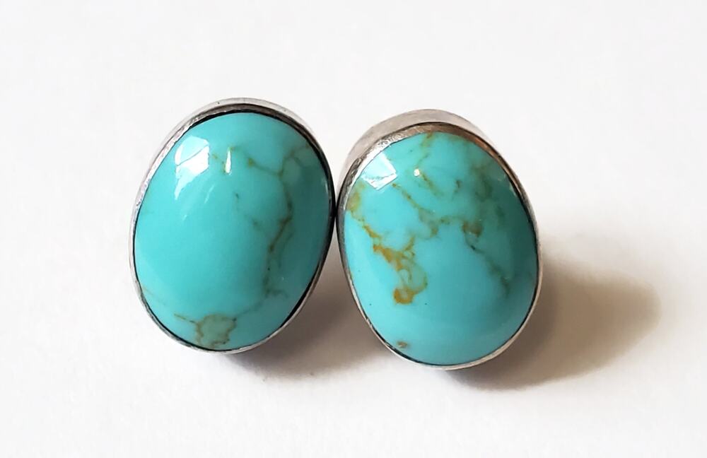 Vintage Turquoise Sterling Silver Bezel Set Earrings Signed Mexico